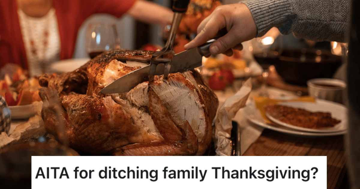 Her Family Wants Her To Travel 500 Miles For Thanksgiving, But She Wants To Bail And Stay Home Hands carving turkey on Thanksgiving table.