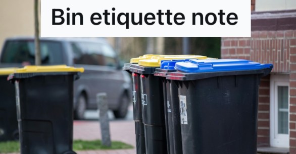 Row of trash bins outside a building