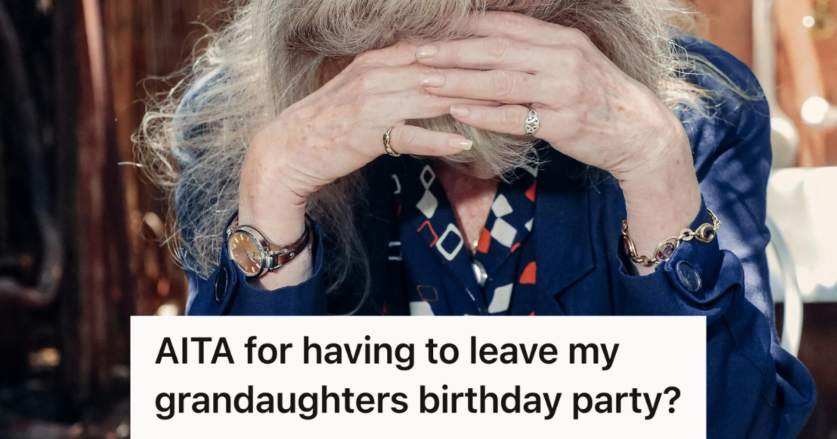 upset older woman putting head down at a party