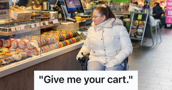 woman in mobility scooter grocery shopping