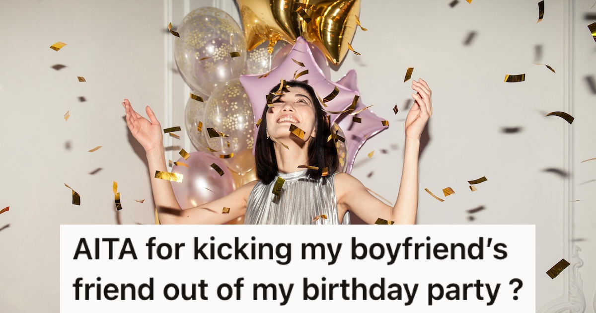 A woman with balloons and falling confetti