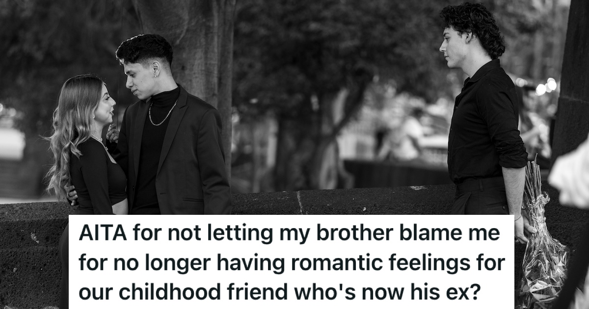 A woman being embraced by one man, while another watches on holding flowers