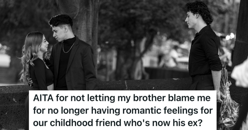 A woman being embraced by one man, while another watches on holding flowers