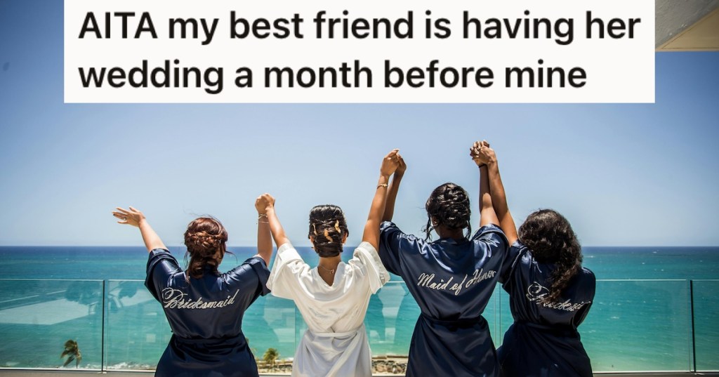 A bride and her bridesmaids by the ocean