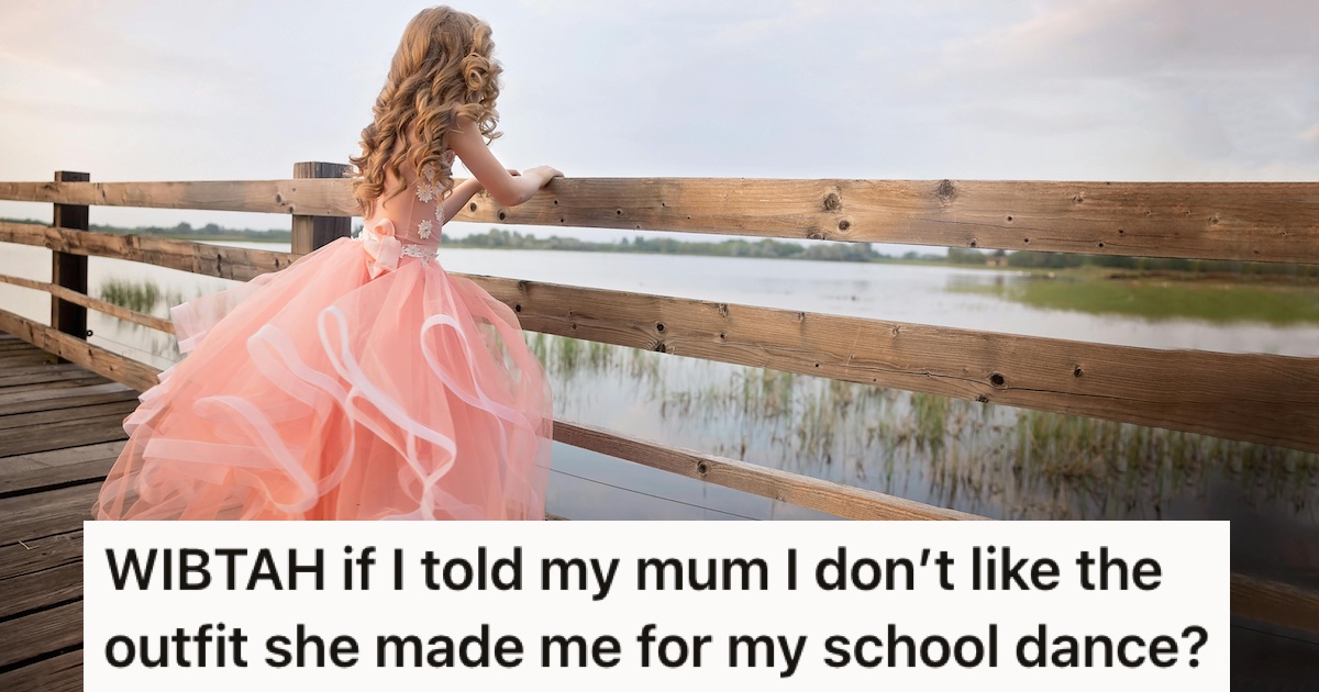 Teen Was Excited For Her First (And Last) School Dance And Had An Elaborate Dress In Mind, But Unfortunately For Her, Her Mums Creative Spark Had Other Ideas A girl in an elaborate prom dress, looking over a lake