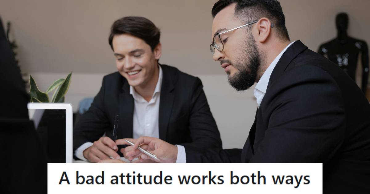 Man sitting with his boss, shocked at his bad attitude