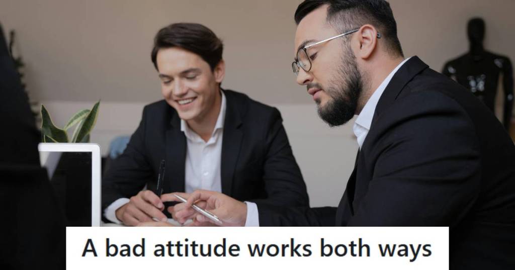 Man sitting with his boss, shocked at his bad attitude