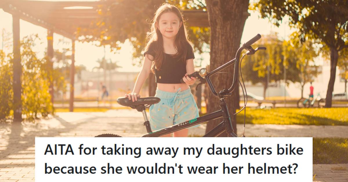 12 year old girl riding her bike without a helmet behind her dad's back