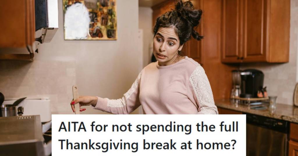 Woman cooking and telling her mother that she won't be home for the full holiday weekend