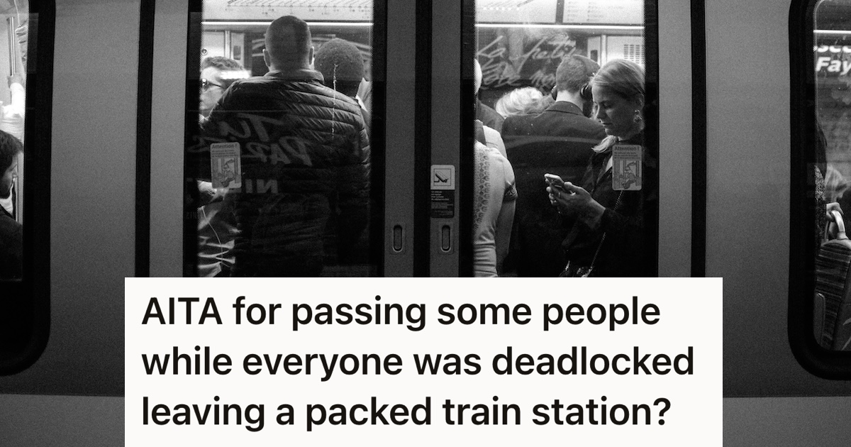 Man Squeezed Through A Small Space In A Jam Packed Train Station Passing Some People, So Another Passenger Yelled At Him Crowded train in black and white