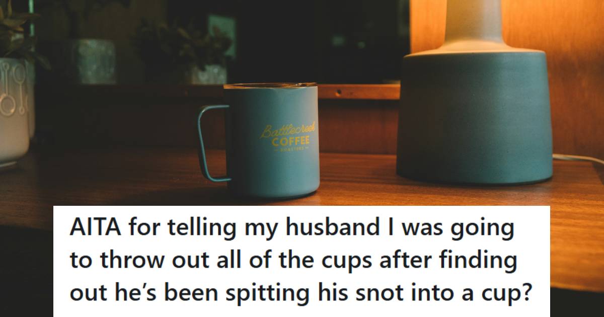 Dirty coffee mug sitting on a bedside nightstand waiting to be moved