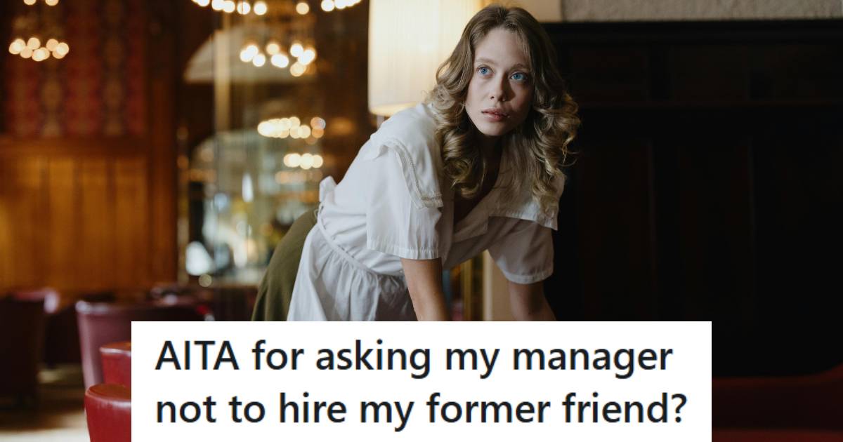 Woman cleaning off a table at her work, watching a former friend apply for a job