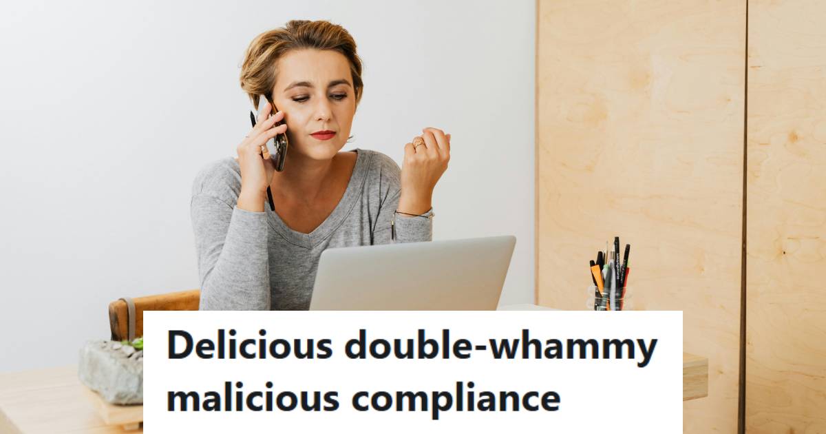 Woman sitting at her computer smug because she got her boss with MC