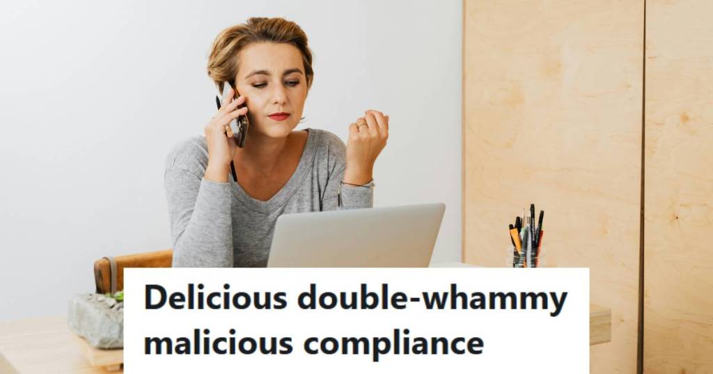 Woman sitting at her computer smug because she got her boss with MC