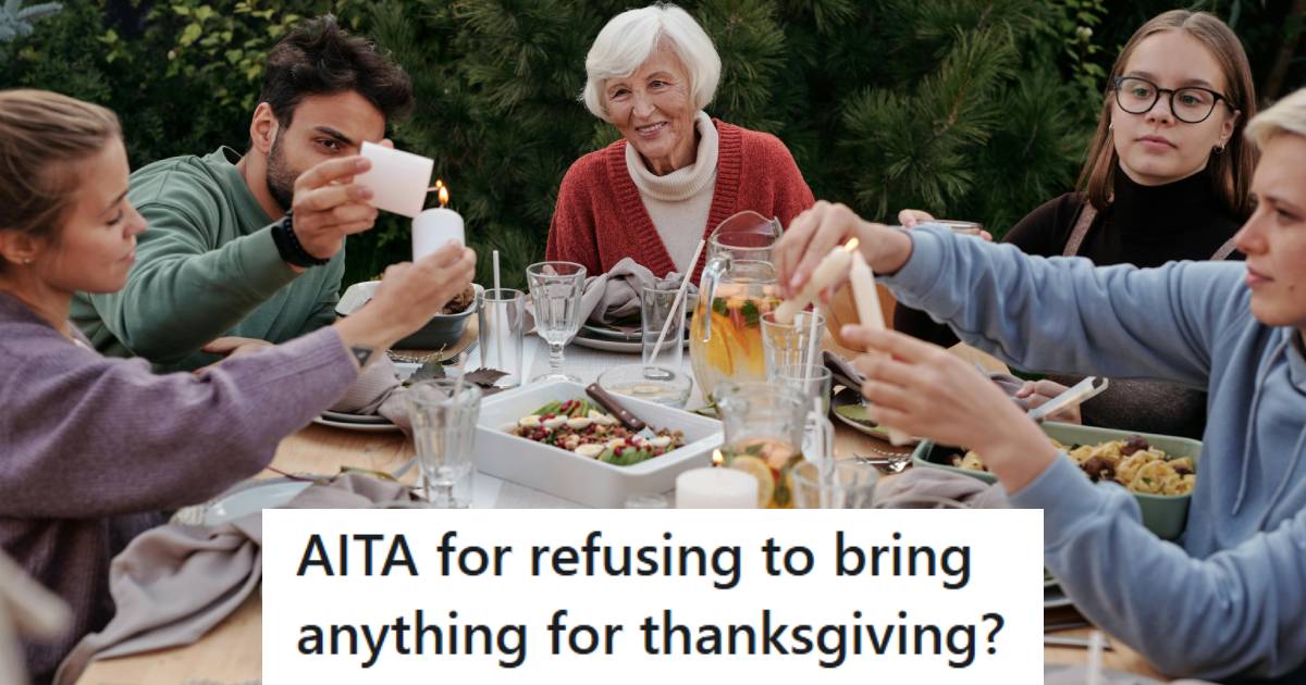 Older mother sitting at a dinner table with her four grown children