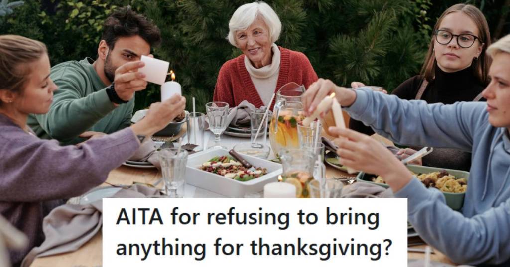 Older mother sitting at a dinner table with her four grown children