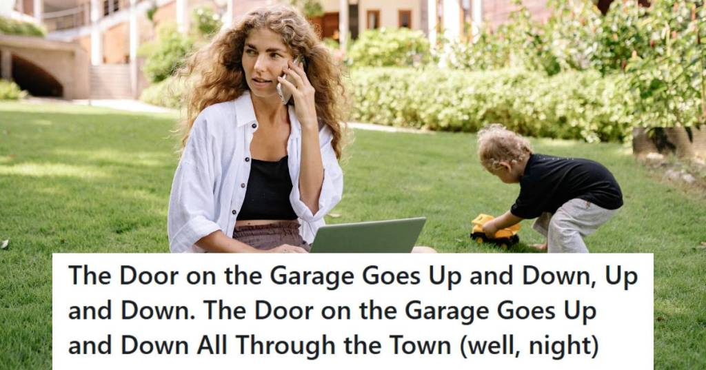 Woman on the phone watching her little one, while the big kids ride bikes in the road