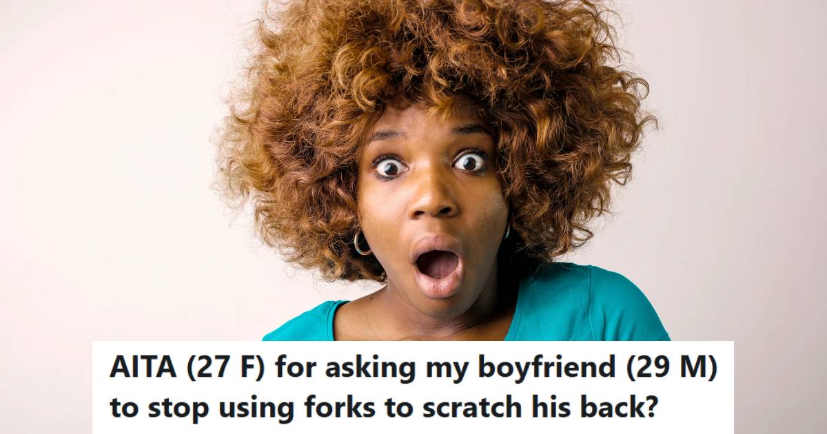 Woman wearing a blue shirt with a shocked face because her BF is gross