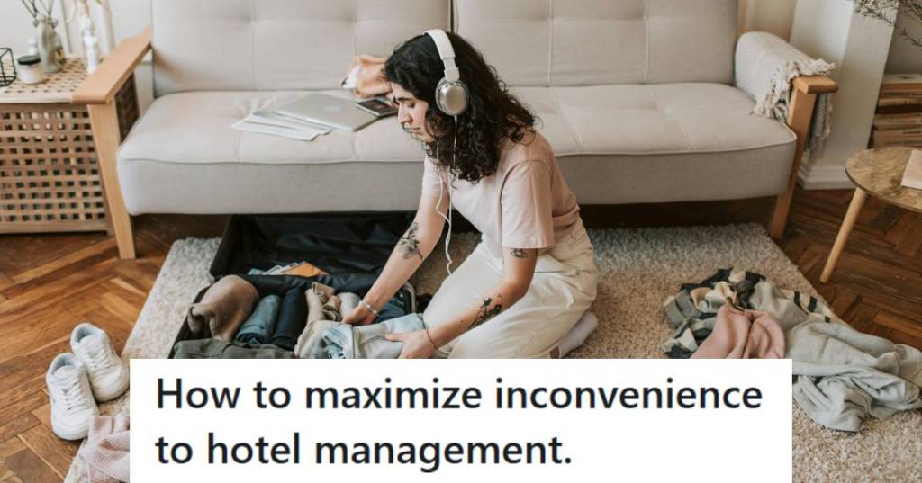 Woman wearing headphones and emptying her suitcase in the middle of the hotel lobby