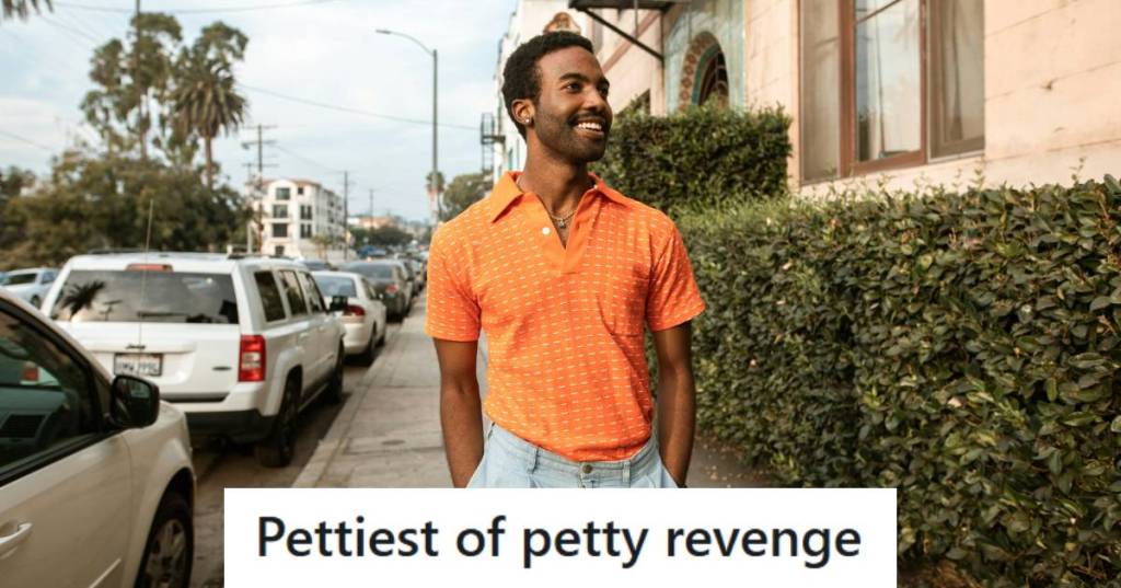 Satisfied man walking down the street after he got back at his boss for being rude