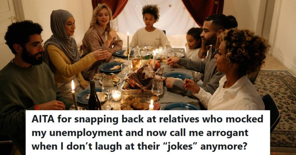 Family members gathered around the family table, trying to laugh and joke