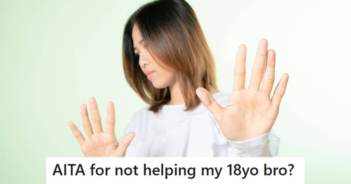 Woman holding up both hands because her little brother is so cringy