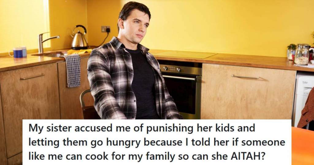 Man sitting at the table in the kitchen, not cooking for his sister