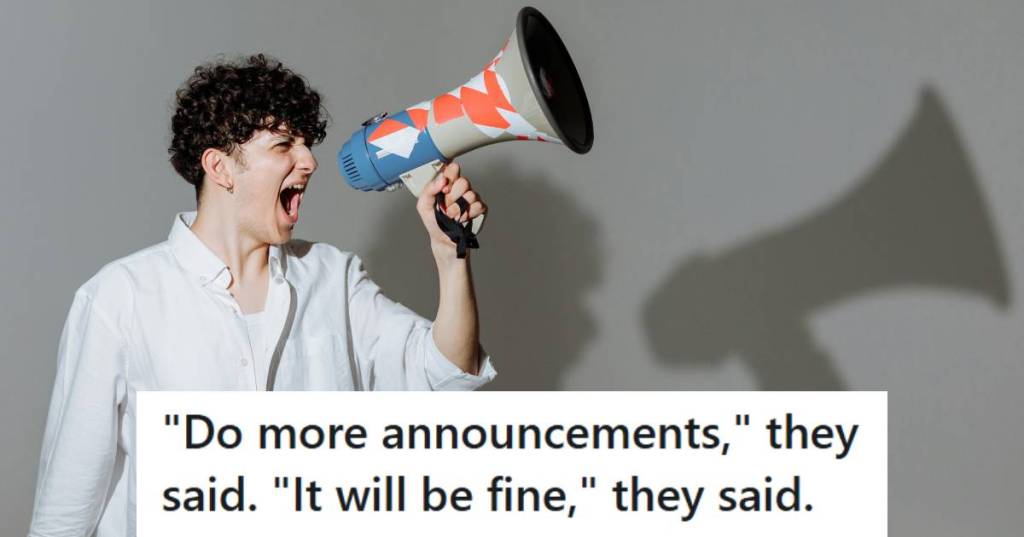 Man yelling into a loud speaker, giving announcements in a grocery store