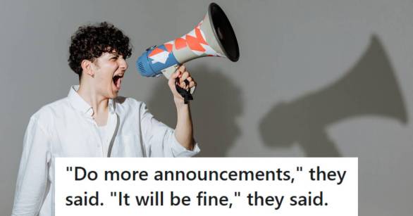 Man yelling into a loud speaker, giving announcements in a grocery store