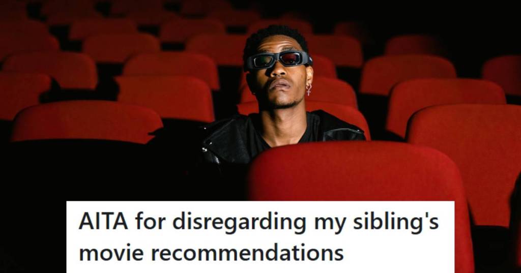 Man sitting in a red movie theatre chair looking up at the screen