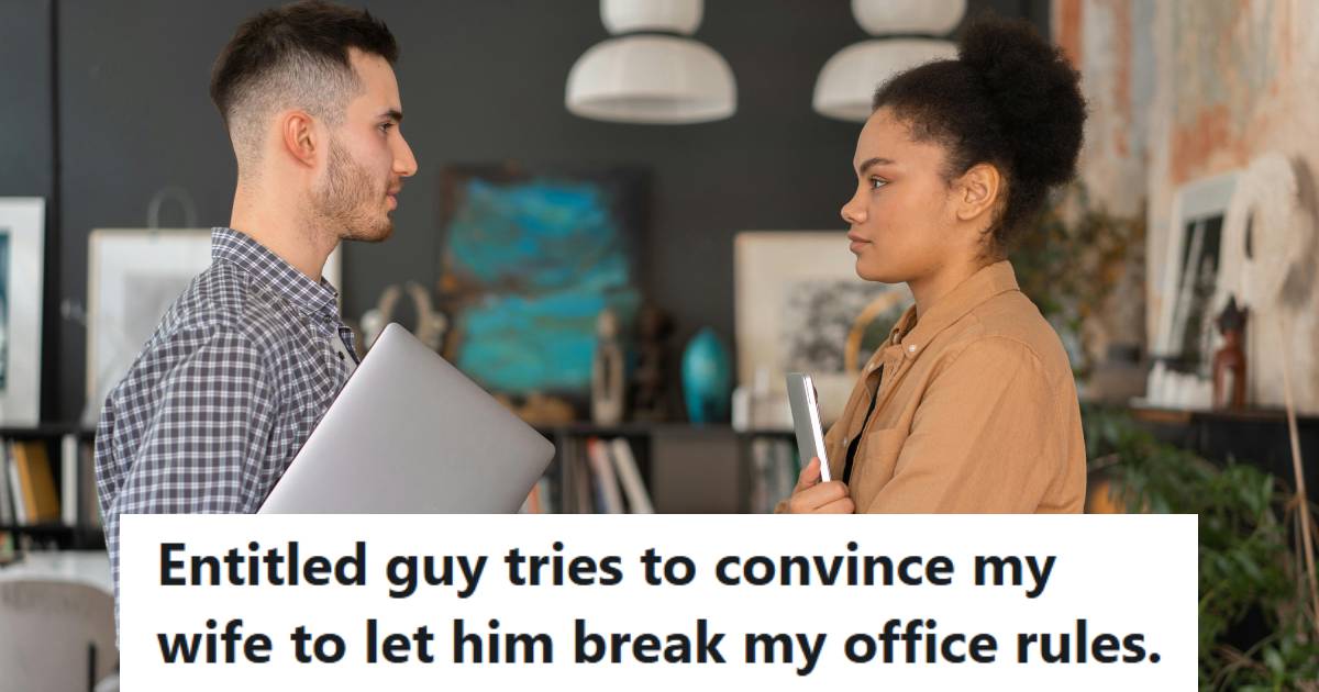 Man trying to convince a woman to give up the wifi password in her office