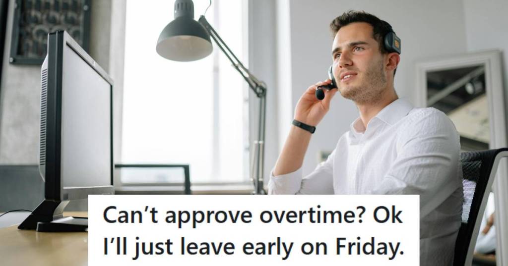 Man with a headset listening to his boss tell him why overtime is not approved