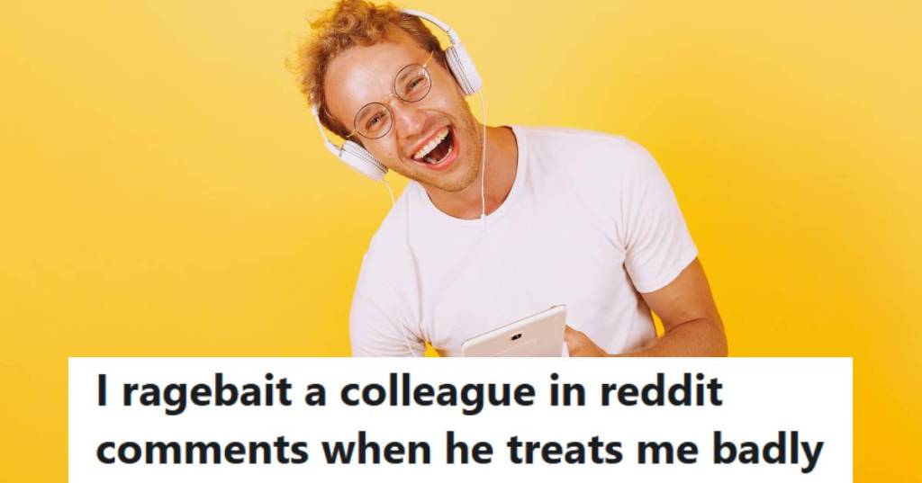 Man smiling while holding his tablet because he's trolling a coworker on Reddit