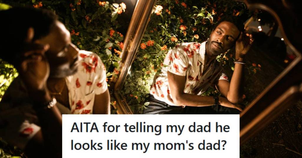 Conceited man staring in the mirror and admiring his reflection