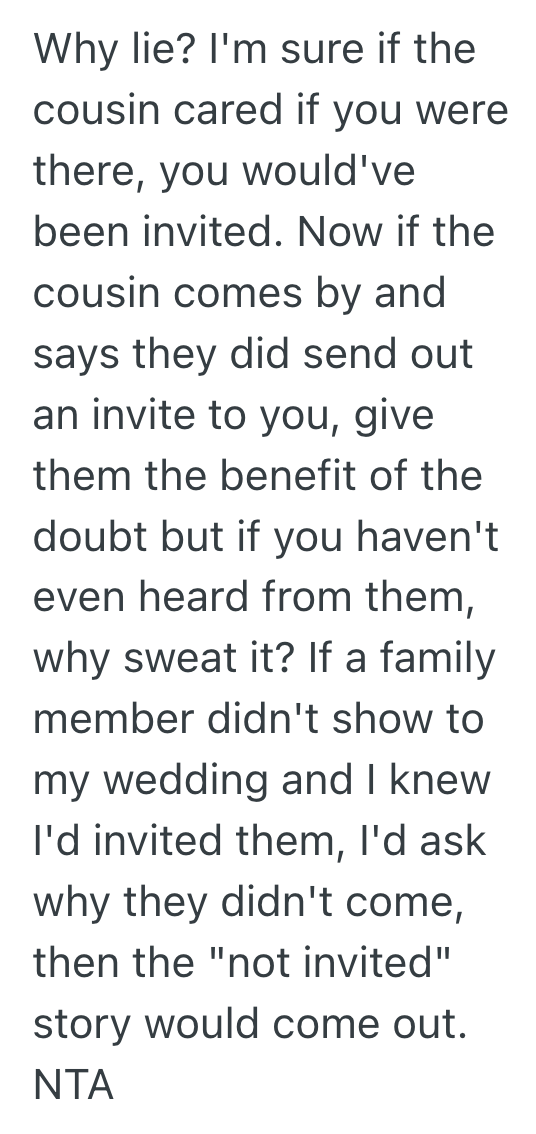 Screenshot 2025 11 05 at 11.29.45 AM Man Didn’t Attend His Cousin’s Wedding Because He Didnt Get Invited, So His Truthful Answer Left The Rest Of The Family Feeling Uncomfortable