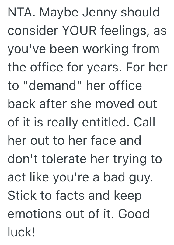 Screenshot 2025 11 06 at 1.59.00 PM Woman Takes Over A Coworkers Office Who Starts Working From Home, But Now That The Work From Home Employees Are Being Told To Return To Work, Her Coworker Wants The Office Back
