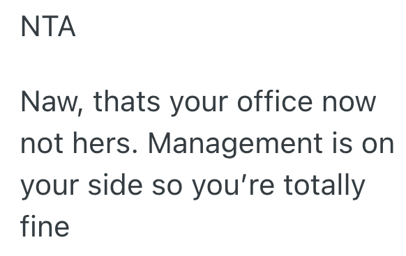 Screenshot 2025 11 06 at 1.59.36 PM Woman Takes Over A Coworkers Office Who Starts Working From Home, But Now That The Work From Home Employees Are Being Told To Return To Work, Her Coworker Wants The Office Back