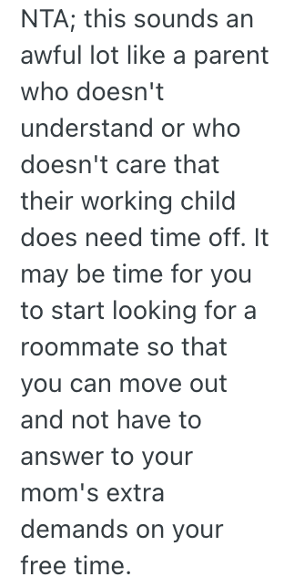 Screenshot 2025 11 07 at 12.20.35 PM A Recent College Graduates Mom Expects Them To Help Her Out With Chores Every Time They Have A Day Off, But Theyre Tired Of It And They Wont Tell Her When Theyre Not Working Anymore