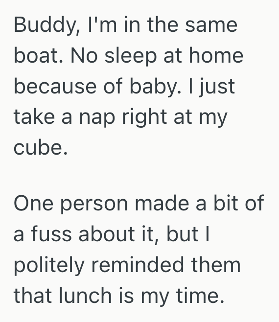 Screenshot 2025 11 26 at 1.35.28 PM New Dad Caught Up On Much Needed Sleep During His Lunch Break, But When His Boss Reprimanded Him For It, He Revealed How Little He Respects Break Time