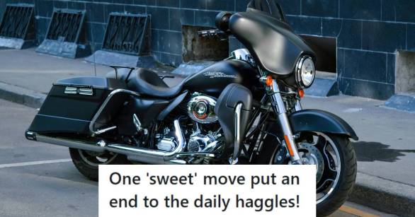 Harley Davidson motorcycle parked in front of an apartment building