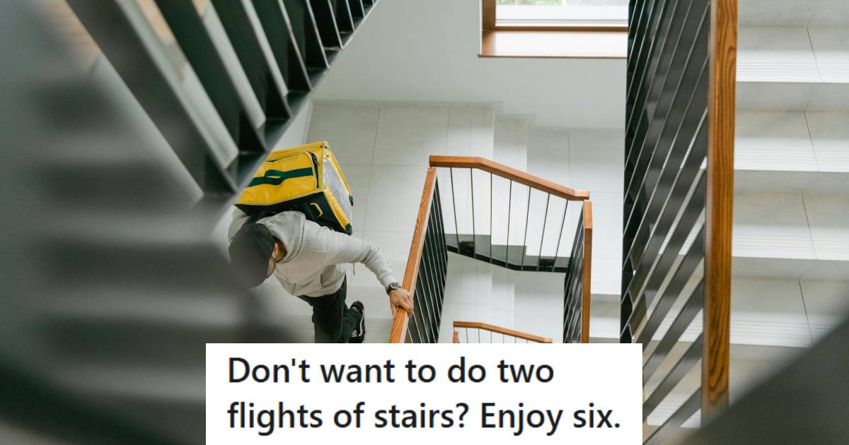 Man climbing up six extra flights of stairs to deliver a package