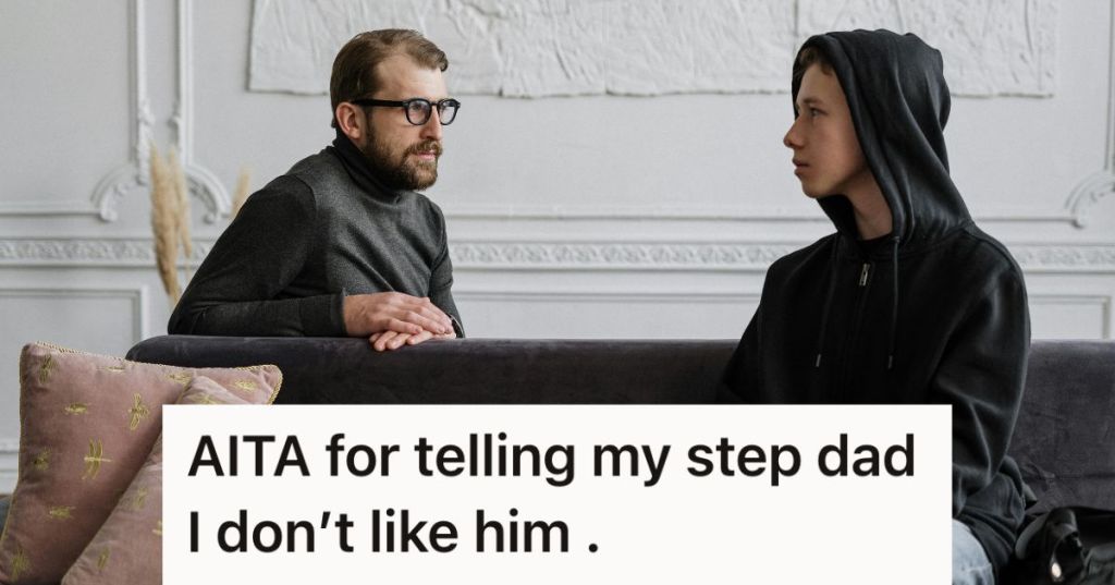 Teen boy talking to an adult man on the couch