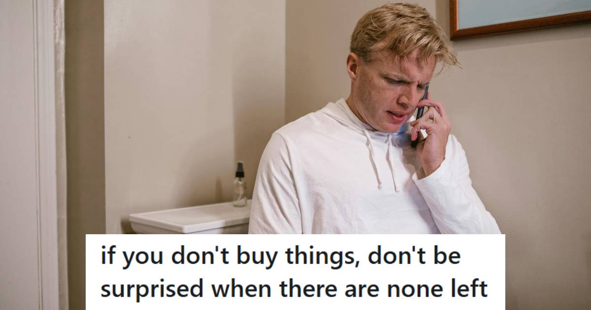 Man sitting on the toilet without toilet paper, calling his friend to get some