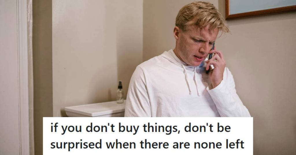 Man sitting on the toilet without toilet paper, calling his friend to get some