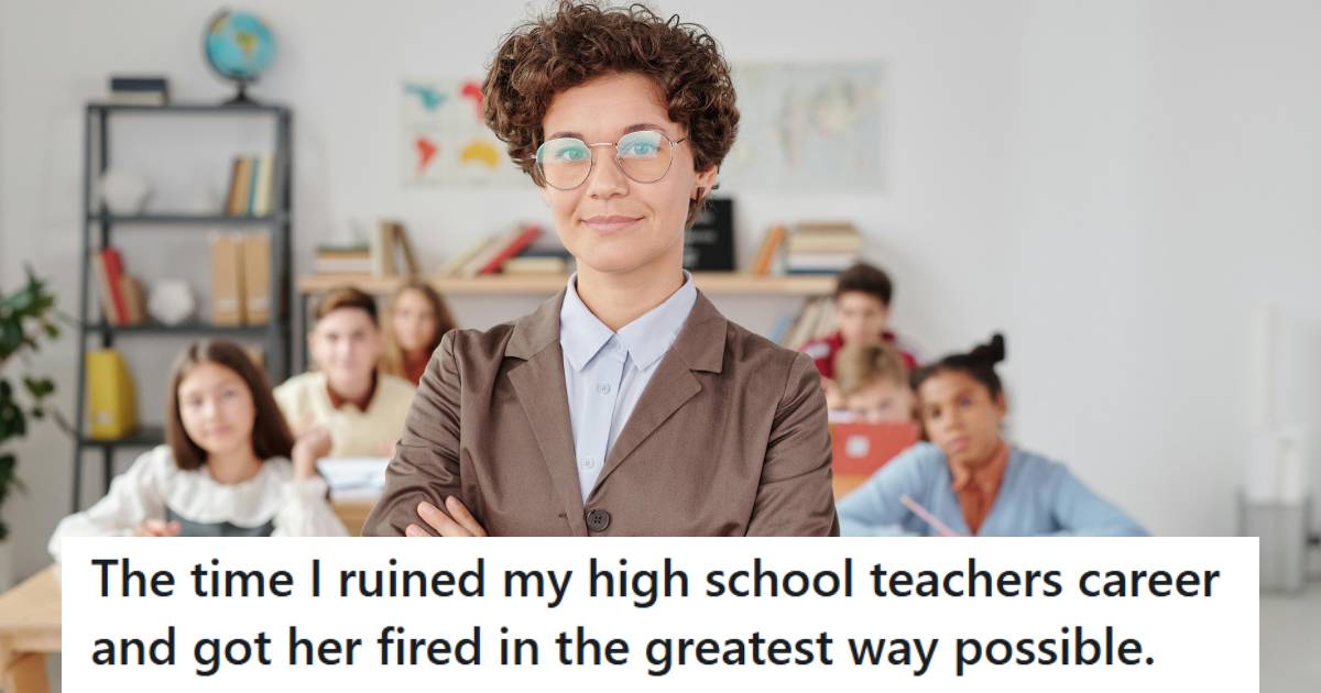 Teacher standing in front of her class with a smug look on her face
