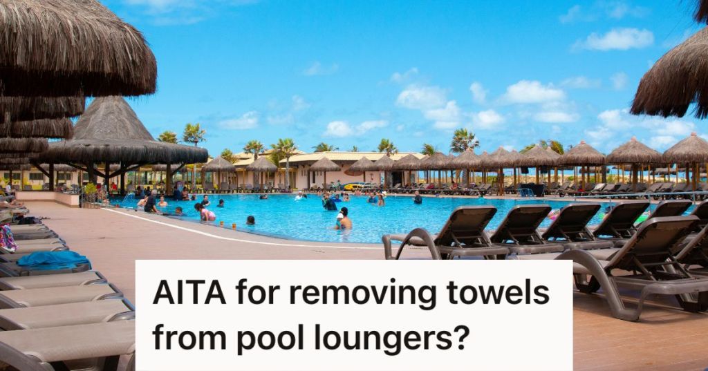 Busy resort pool with empty loungers