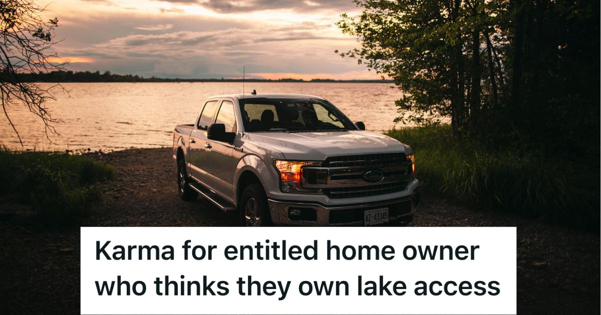Truck parked near a lake