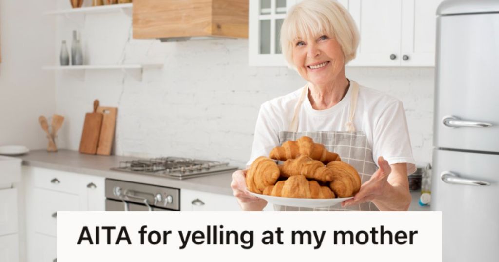 Elderly woman holding a plate of croissants