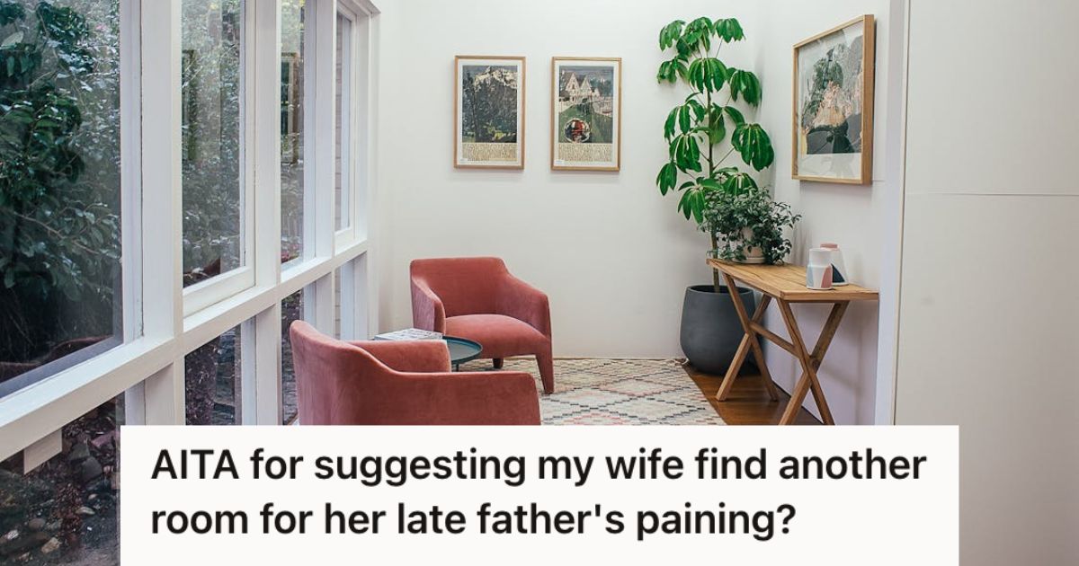 A small but clean room with chairs, table, and paintings on the wall