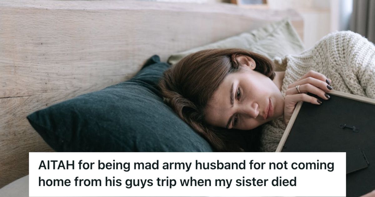 Grieving woman hugging a photo frame while lying down on the bed